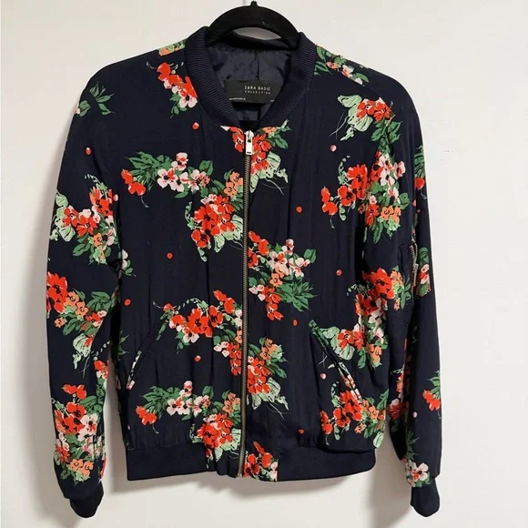 Zara Basic Navy Floral Bomber Jacket- medium - Picture 2 of 16
